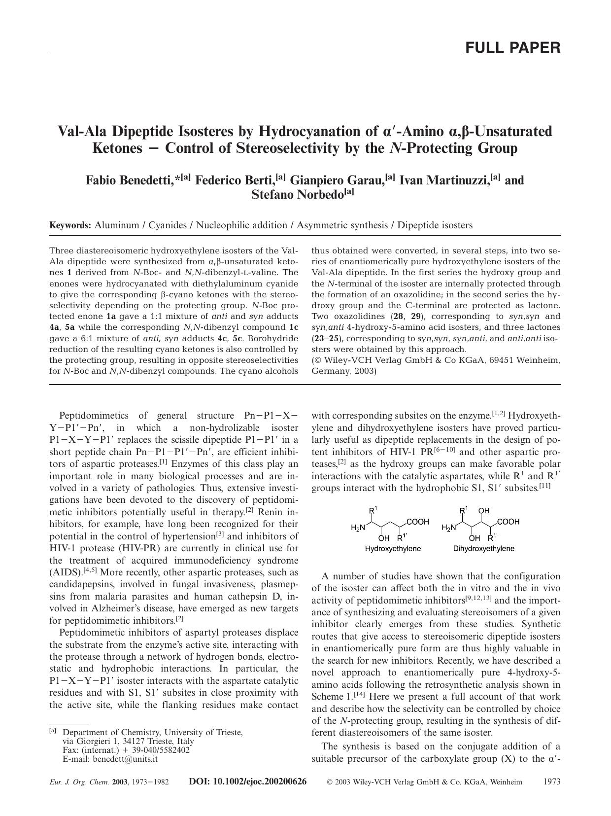 Val-Ala Dipeptide Isosteres by Hydrocyanation of [alpha][prime]-Amino [alpha],[beta]-Unsaturated Ketones - Control of Stereoselectivity by the N-Protecting Group by Unknown