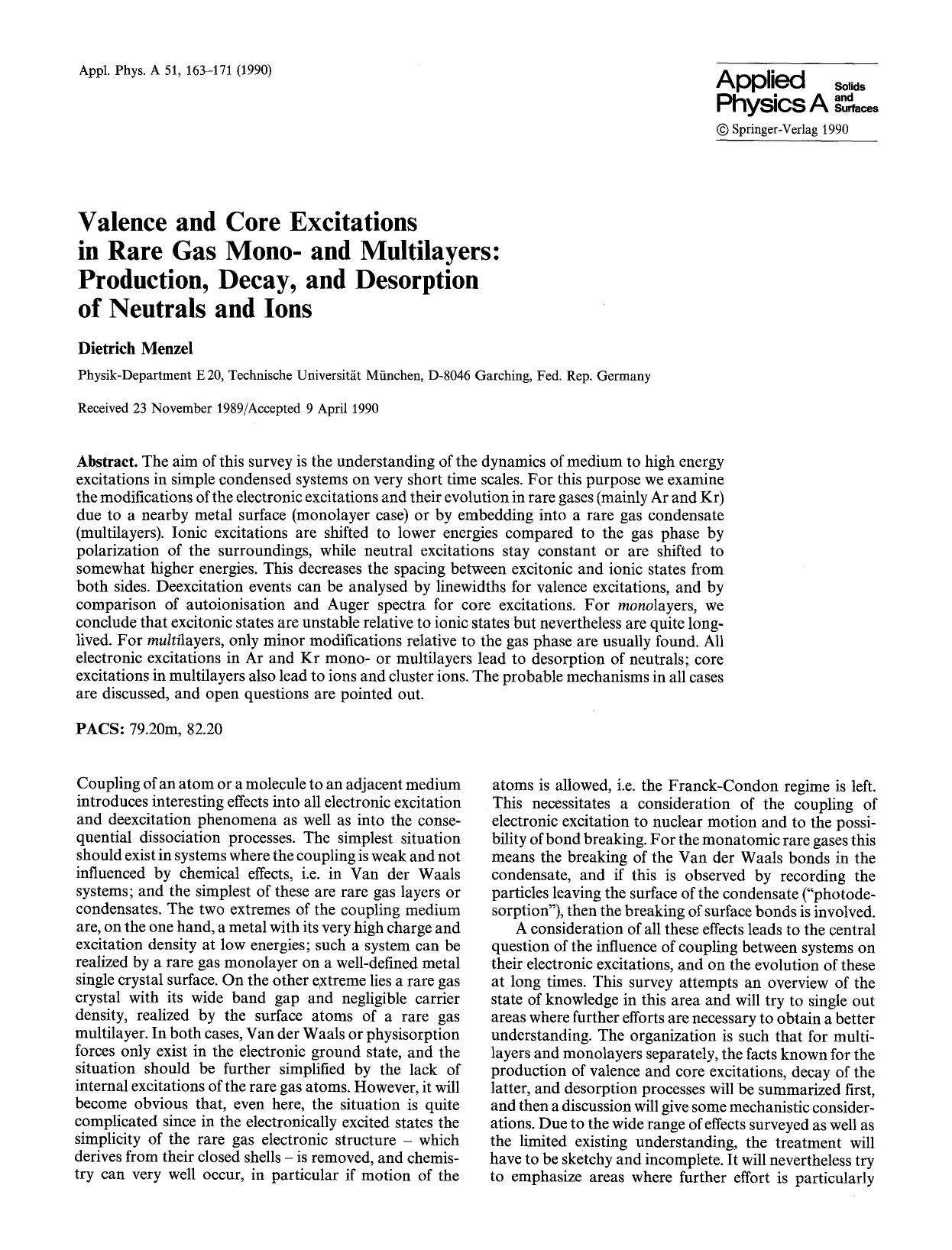 Valence and core excitations in rare gas mono- and multilayers: Production, decay, and desorption of neutrals and ions by Unknown
