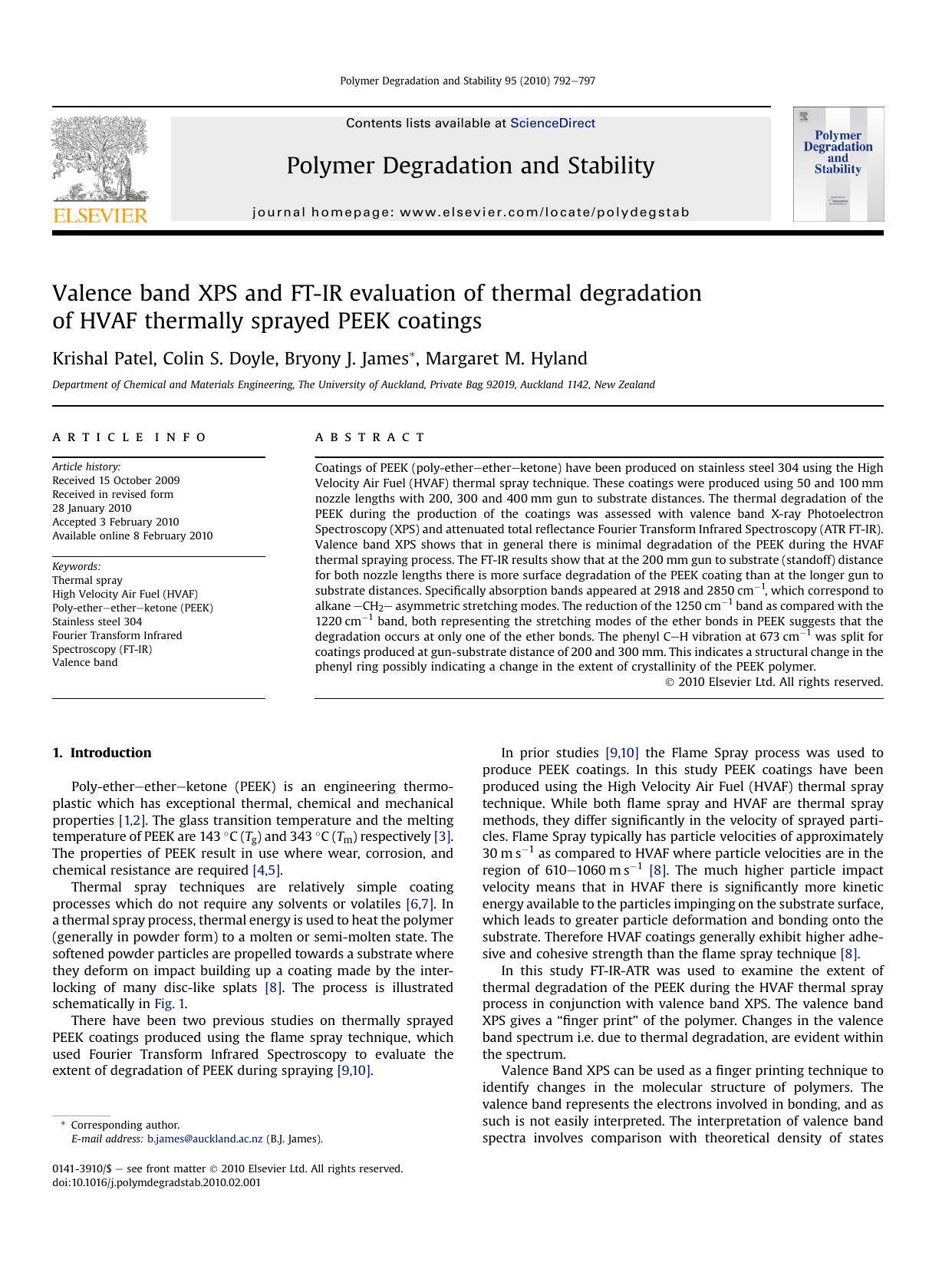 Valence band XPS and FT-IR evaluation of thermal degradation of HVAF thermally sprayed PEEK coatings by Krishal Patel; Colin S. Doyle; Bryony J. James; Margaret M. Hyland