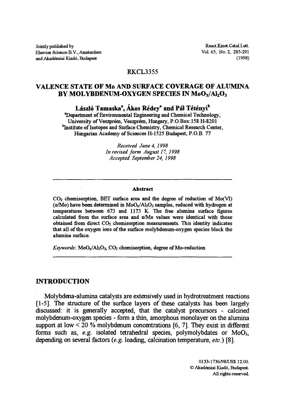 Valence state of Mo and surface coverage of alumina by molybdenum-oxygen species in MoO <Subscript>x <Subscript>Al <Subscript>2 <Subscript>O <Subscript>3 <Subscript> by Unknown