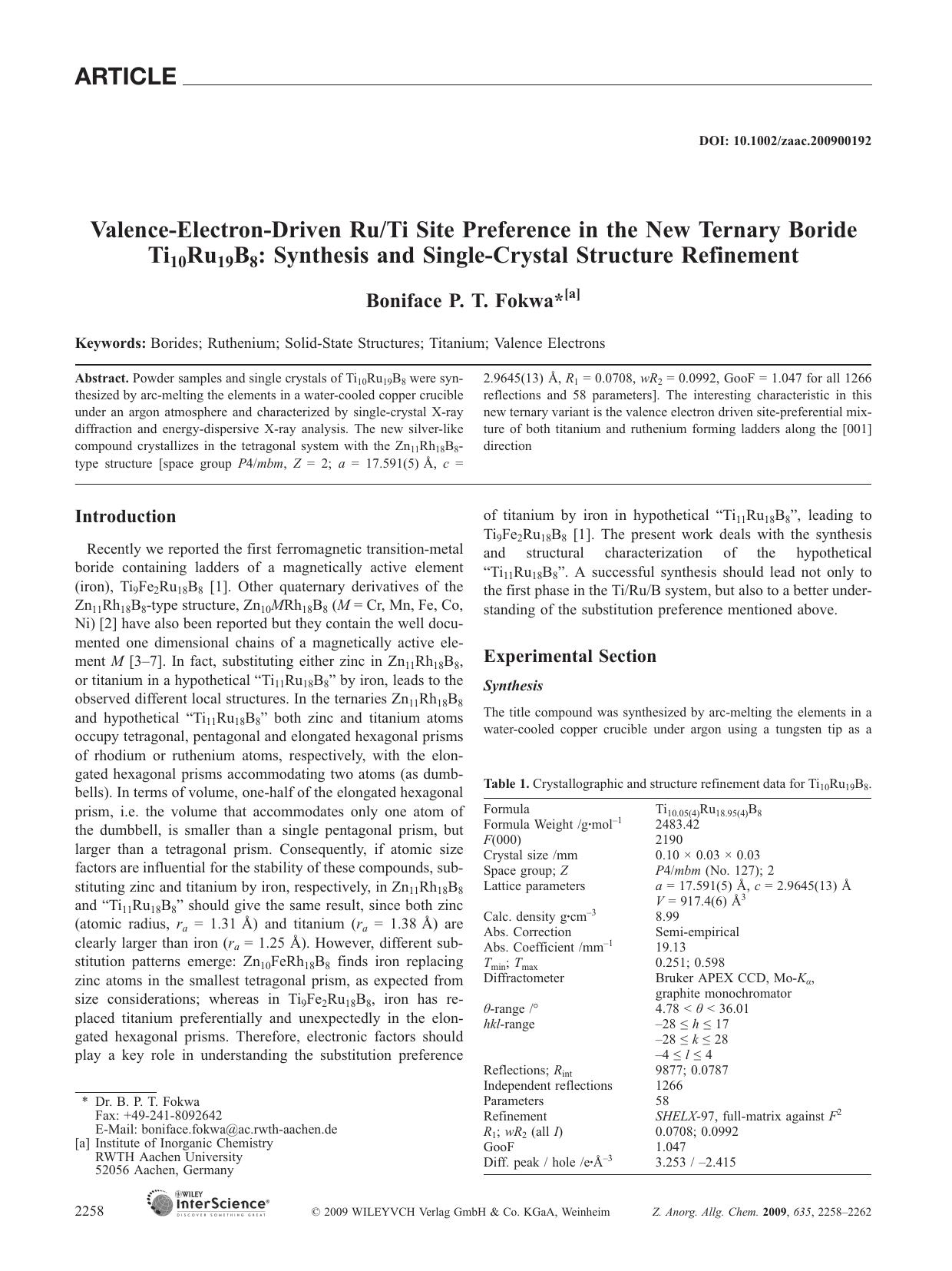 Valence-Electron-Driven RuTi Site Preference in the New Ternary Boride Ti10Ru19B8: Synthesis and Single-Crystal Structure Refinement by Unknown