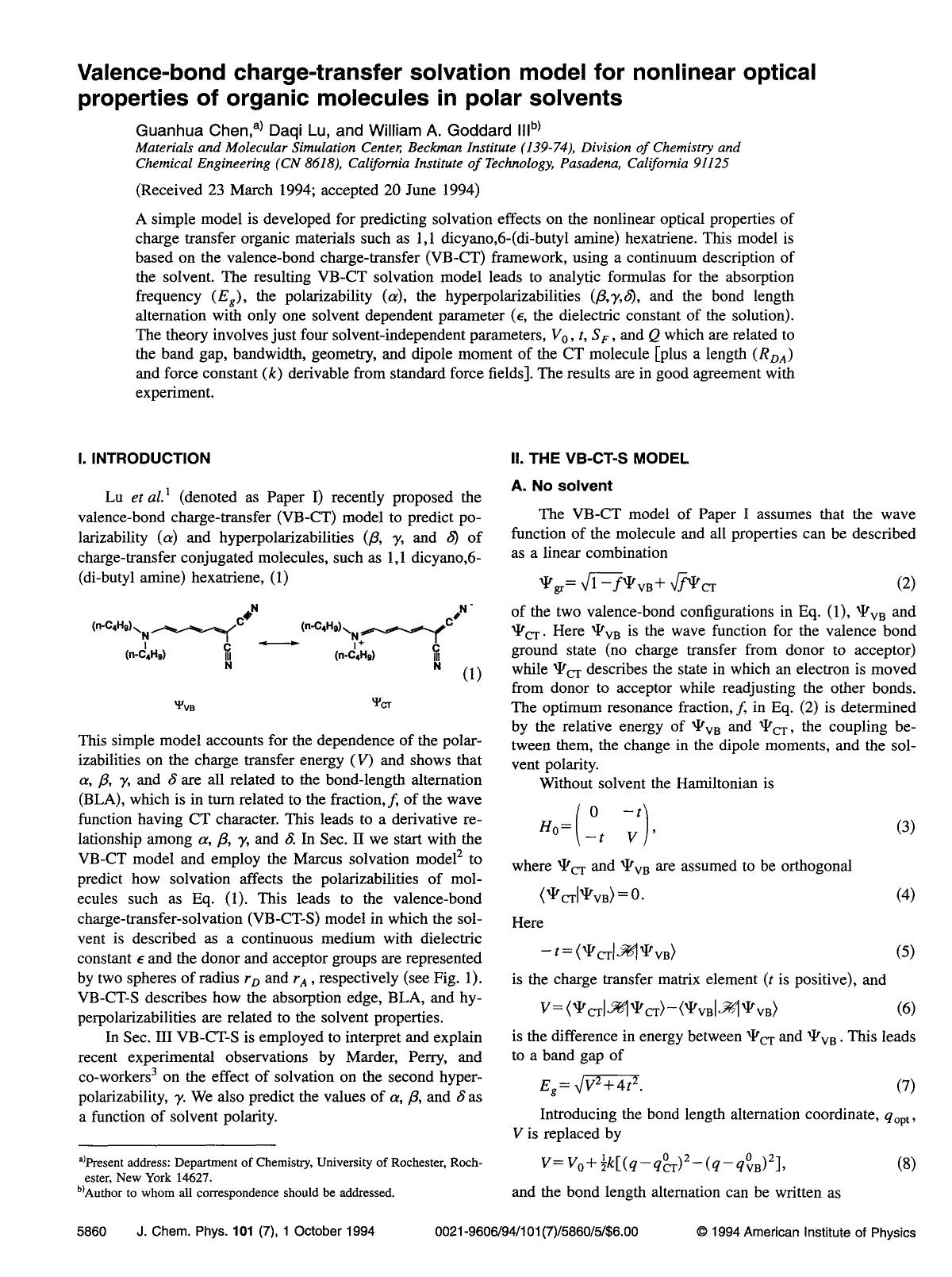 Valence-bond charge-transfer solvation model for nonlinear optical properties of organic molecules in polar solvents by Guanhua Chen; Daqi Lu; William A. Goddard