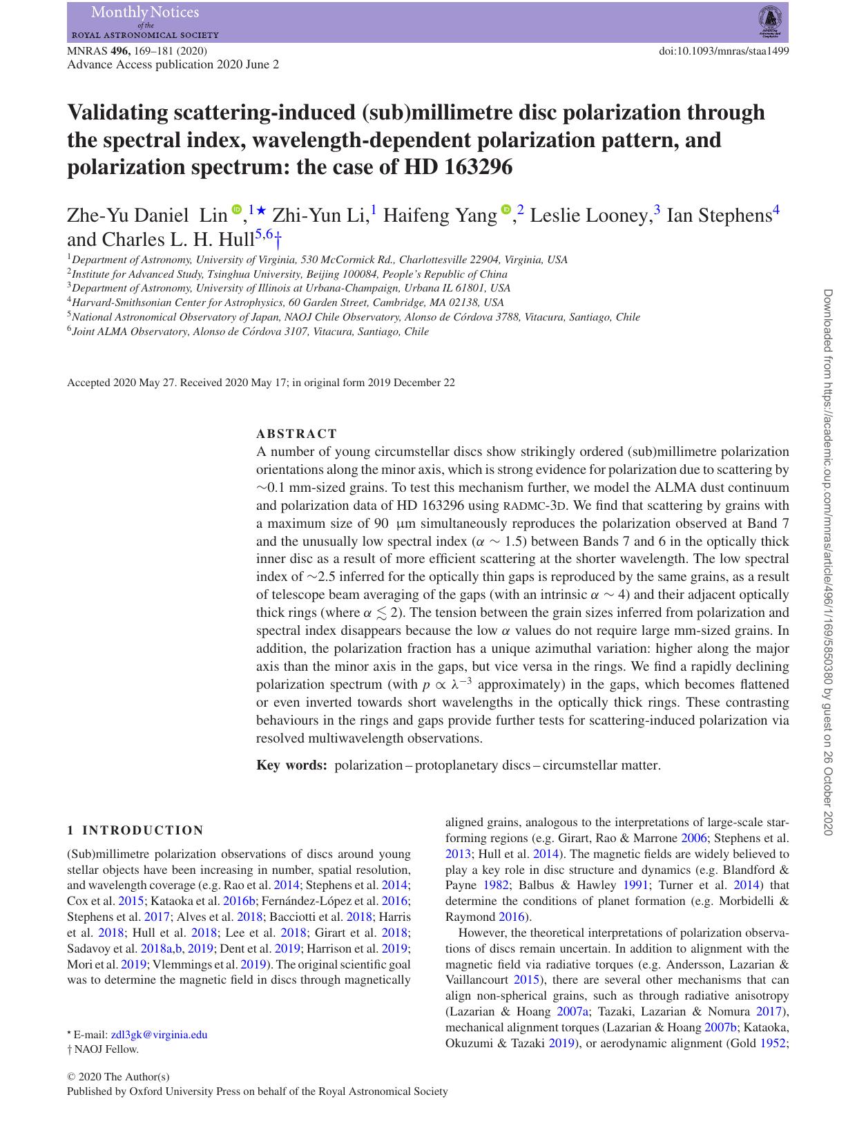 Validating scattering-induced (sub)millimetre disc polarization through the spectral index, wavelength-dependent polarization pattern, and polarization spectrum: the case of HD 163296 by Zhe-Yu Daniel Lin & Zhi-Yun Li & Haifeng Yang & Leslie Looney & Ian Stephens & Charles L H Hull
