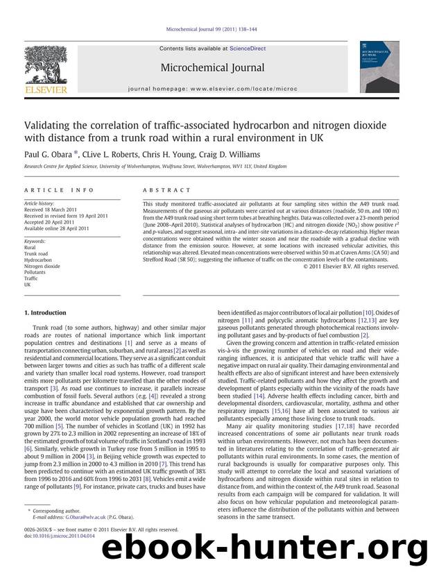 Validating the correlation of traffic-associated hydrocarbon and nitrogen dioxide with distance from a trunk road within a rural environment in UK by Paul G. Obara & CLive L. Roberts & Chris H. Young & Craig D. Williams