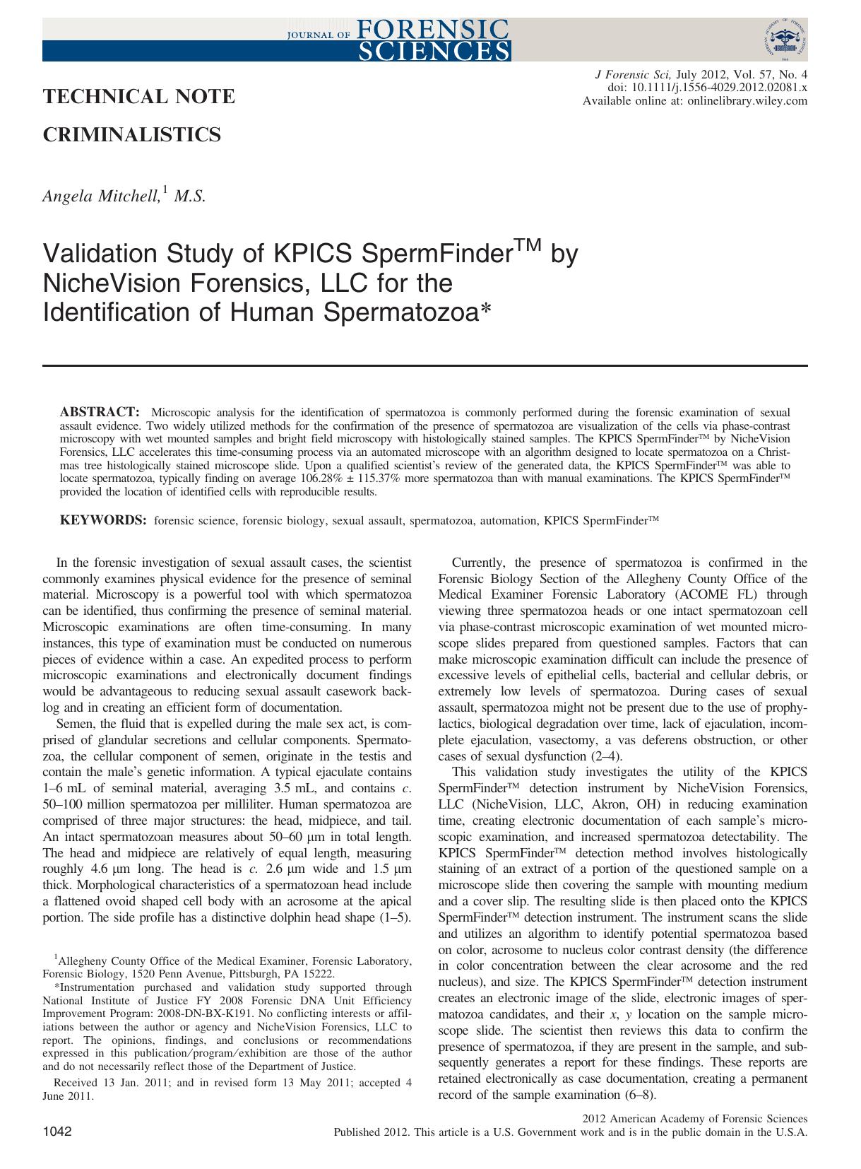 Validation Study of KPICS SpermFinder by NicheVision Forensics, LLC for the Identification of Human Spermatozoa by Unknown