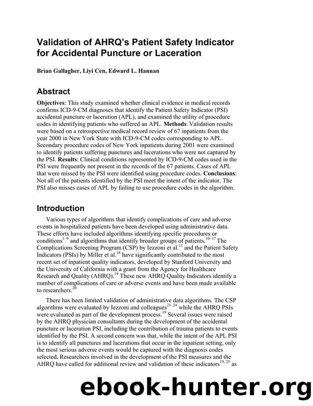Validation of AHRQâs Patient Safety Indicator for Accidental Puncture or Laceration by Unknown