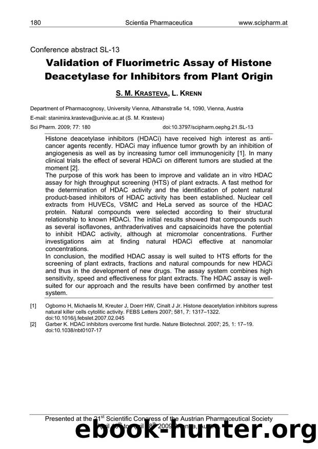 Validation of Fluorimetric Assay of Histone Deacetylase for Inhibitors from Plant Origin by S. M. KRASTEVA & L. KRENN