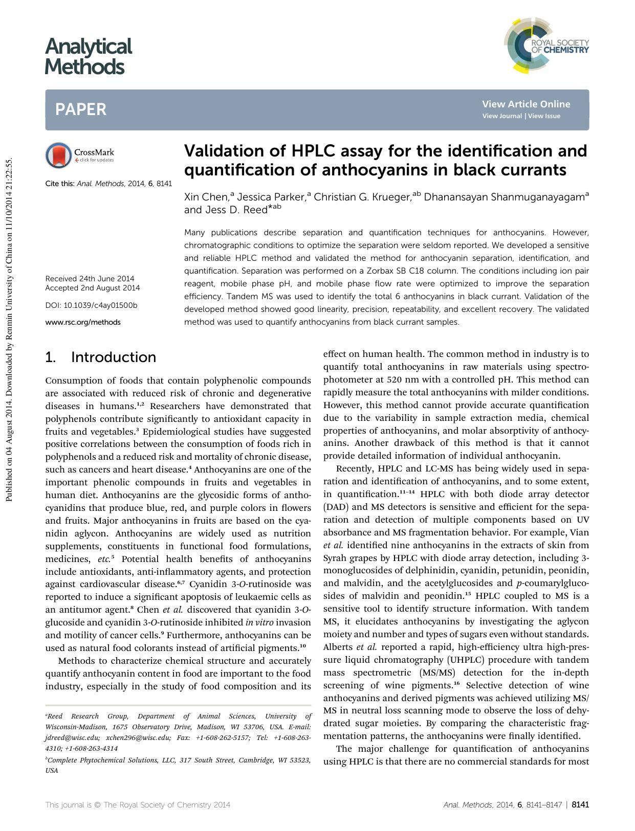 Validation of HPLC assay for the identification and quantification of anthocyanins in black currants by Xin Chen & Jessica Parker & Christian G. Krueger & Dhanansayan Shanmuganayagam & Jess D. Reed
