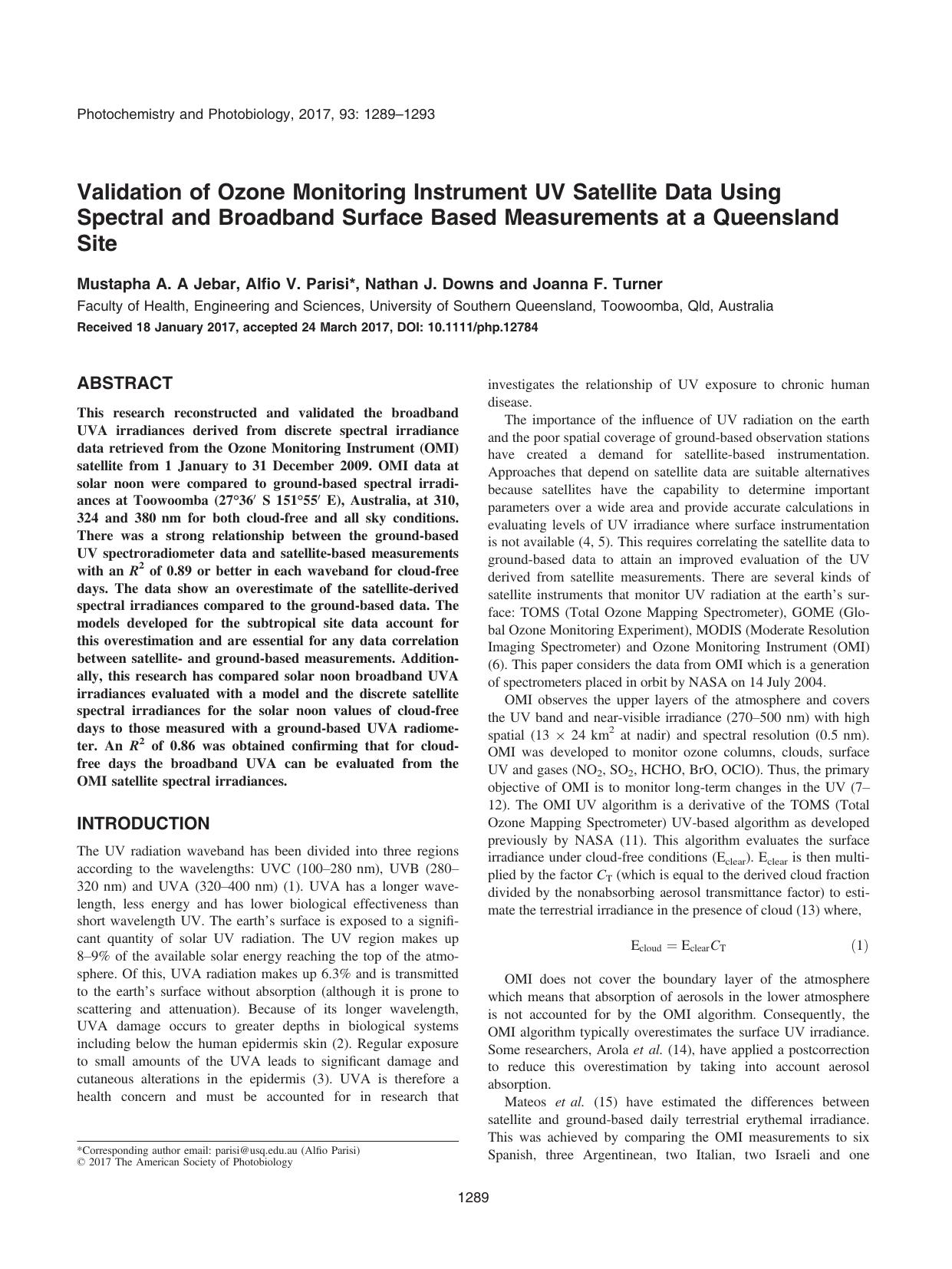 Validation of Ozone Monitoring Instrument UV Satellite Data Using Spectral and Broadband Surface Based Measurements at a Queensland Site by Unknown