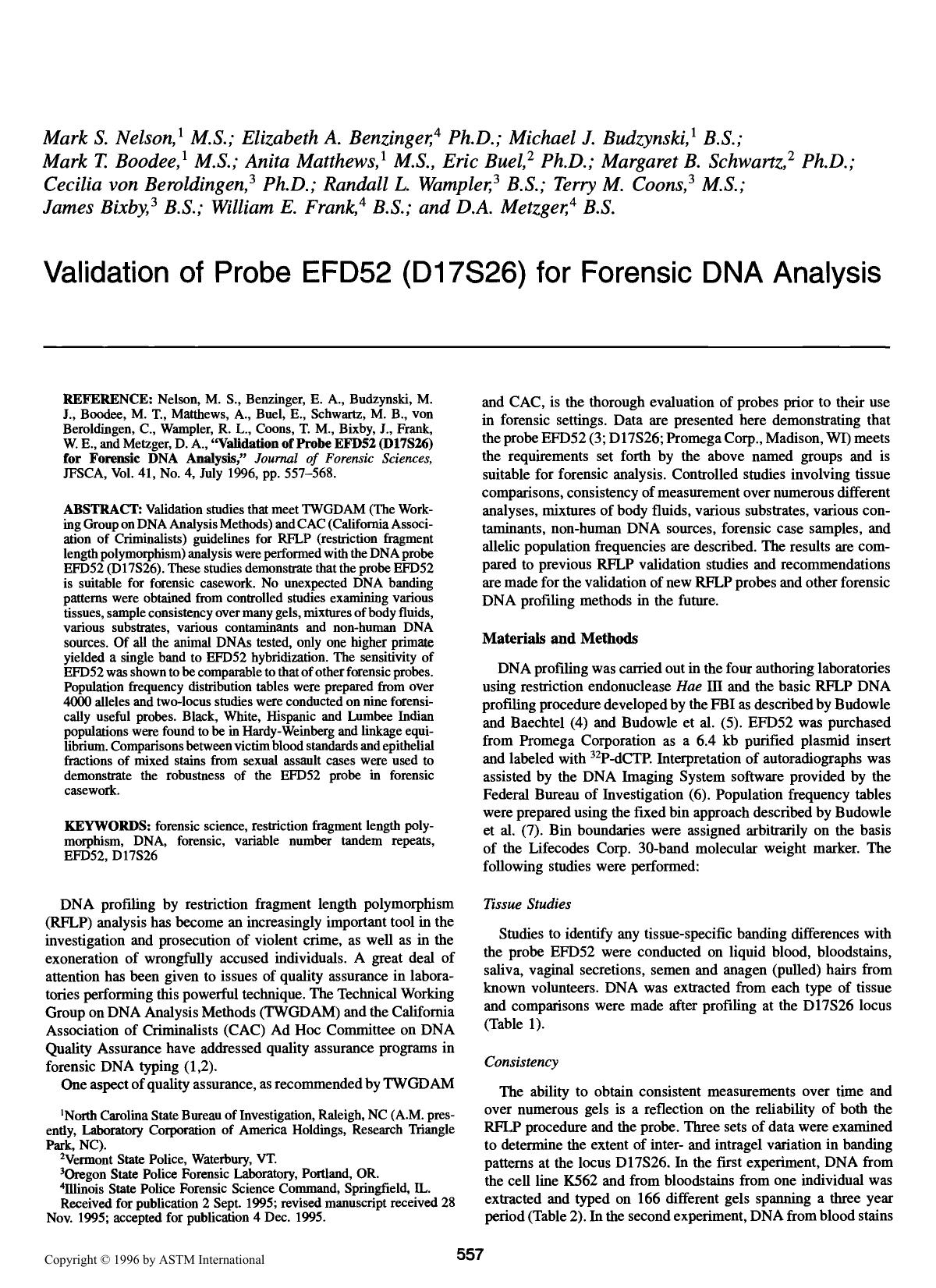 Validation of Probe EFD52 (D17S26) for Forensic DNA Analysis by unknow