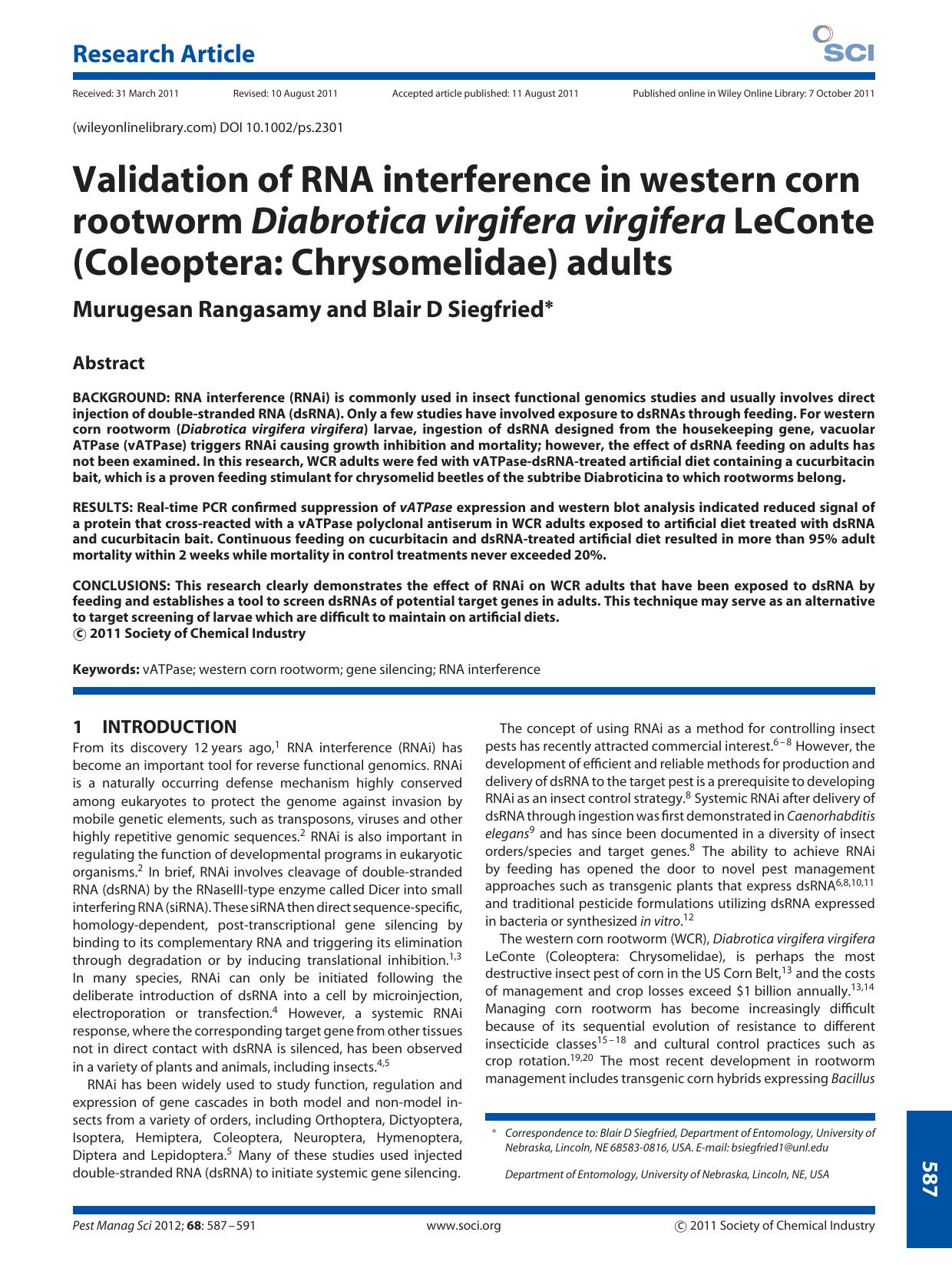 Validation of RNA interference in western corn rootworm Diabrotica virgifera virgifera LeConte (Coleoptera: Chrysomelidae) adults by Unknown
