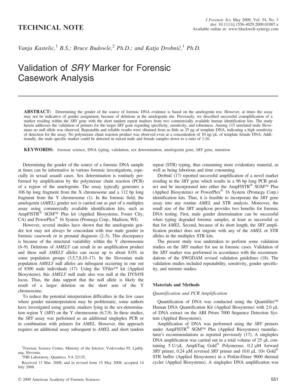 Validation of SRY Marker for Forensic Casework Analysis by Unknown