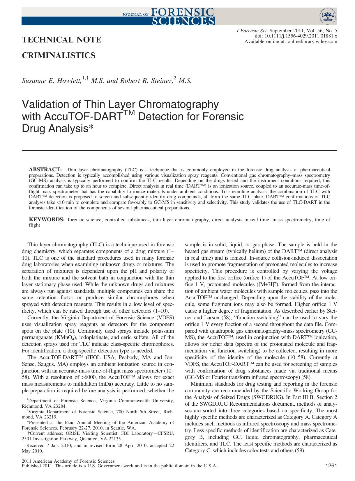 Validation of Thin Layer Chromatography with AccuTOFDART Detection for Forensic Drug Analysis by Unknown