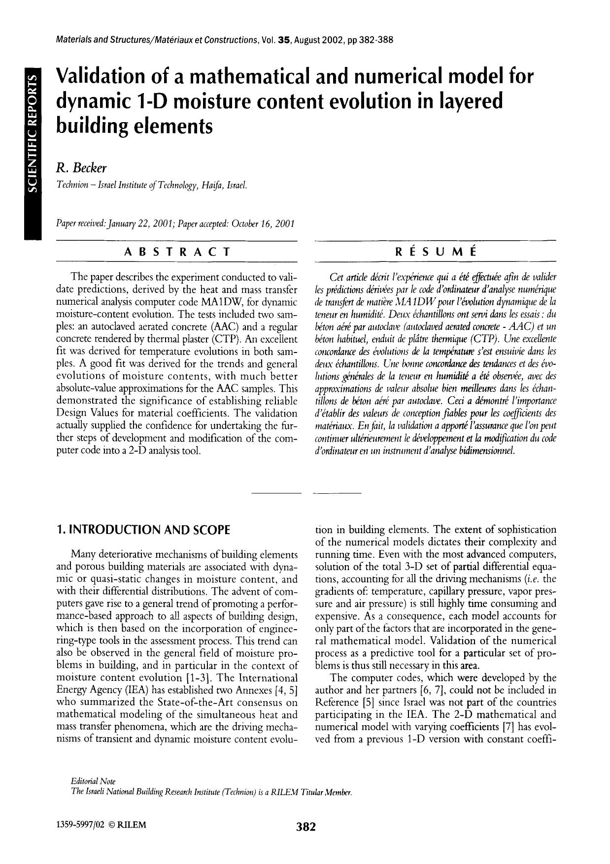 Validation of a mathematical and numerical model for dynamic 1-D moisture content evolution in layered building elements by Unknown