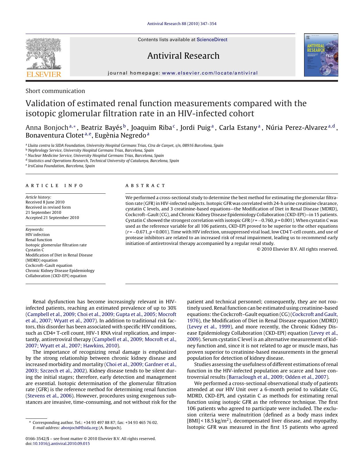 Validation of estimated renal function measurements compared with the isotopic glomerular filtration rate in an HIV-infected cohort by Anna Bonjoch
