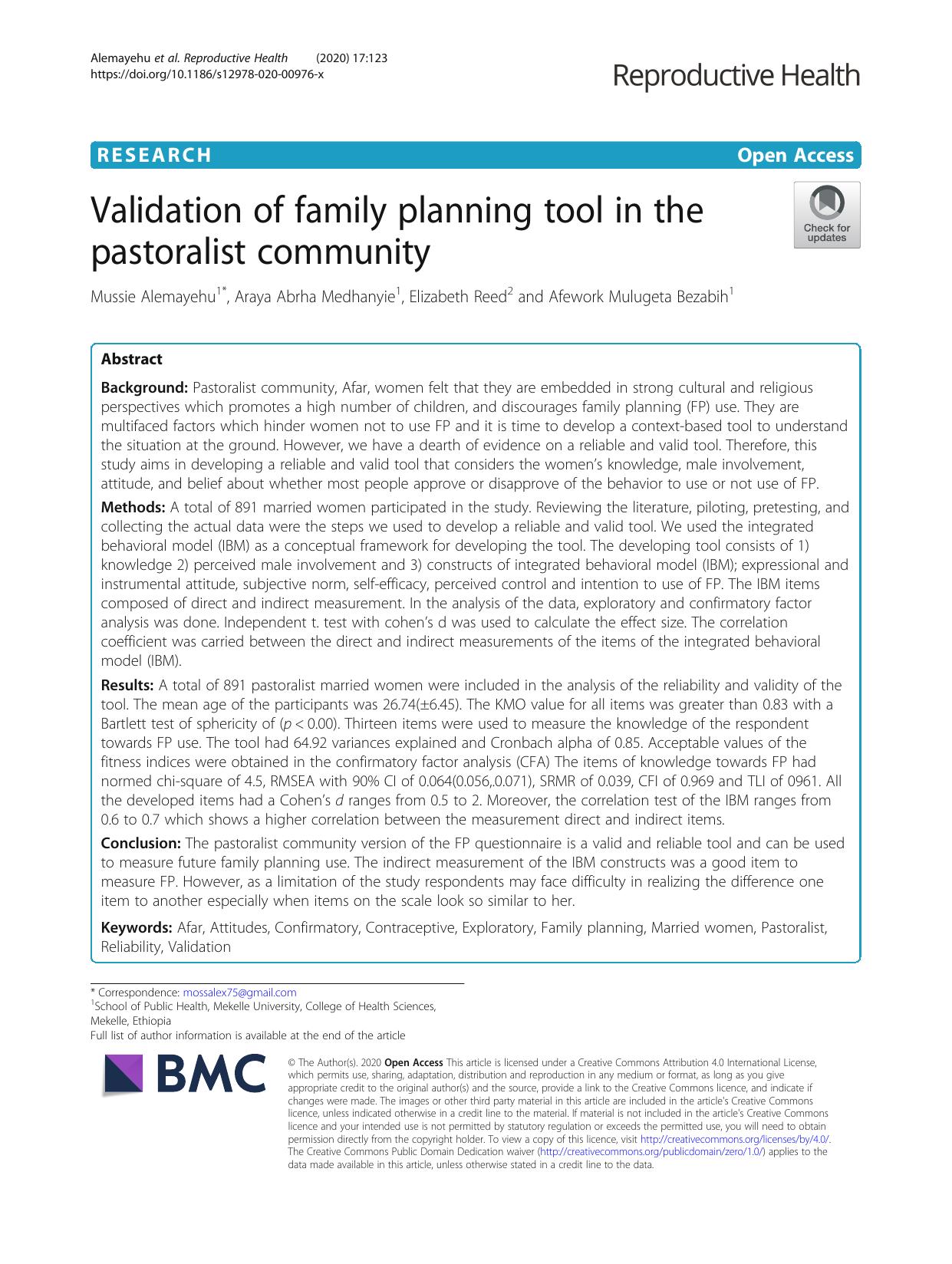 Validation of family planning tool in the pastoralist community by Mussie Alemayehu & Araya Abrha Medhanyie & Elizabeth Reed & Afework Mulugeta Bezabih
