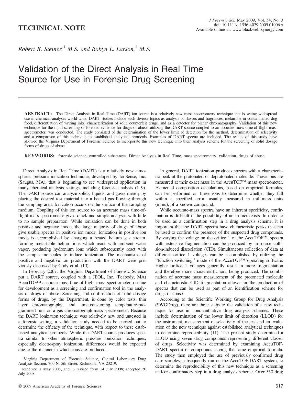 Validation of the Direct Analysis in Real Time Source for Use in Forensic Drug Screening by Unknown