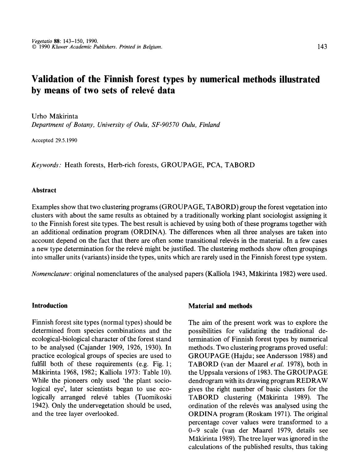 Validation of the Finnish forest types by numerical methods illustrated by means of two sets of relevé data by Unknown
