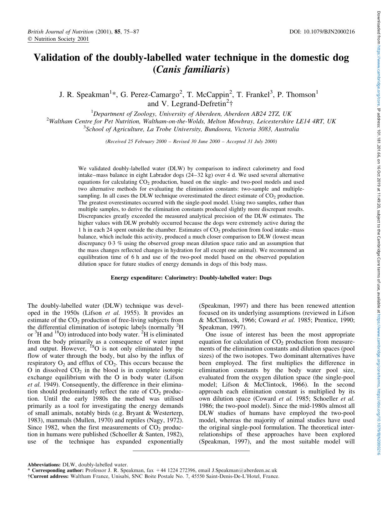 Validation of the doubly-labelled water technique in the domestic dog (Canis familiaris) by J. R. Speakman G. Perez-Camargo T. McCappin T. Frankel P. Thomson & V. Legrand-Defretin