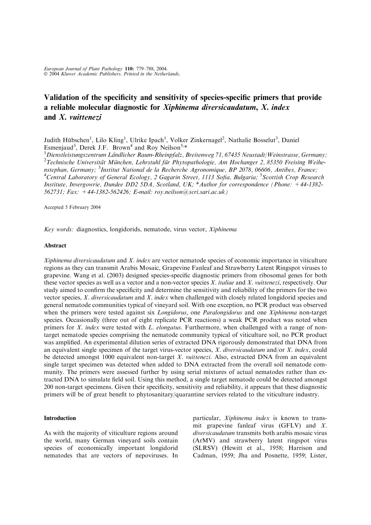 Validation of the specificity and sensitivity of species-specific primers that provide a reliable molecular diagnostic for <Emphasis Type="Italic">Xiphinema diversicaudatum<Emphasi by Unknown