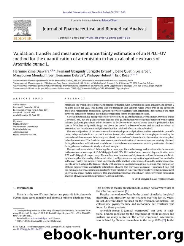 Validation, transfer and measurement uncertainty estimation of an HPLCÃ¢â¬âUV method for the quantification of artemisinin in hydro alcoholic extracts of Artemisia annua L. by Hermine Zime Diawara