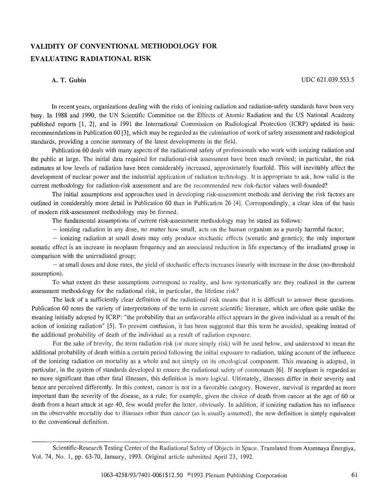 Validity of conventional methodology for evaluating radiational risk by Unknown