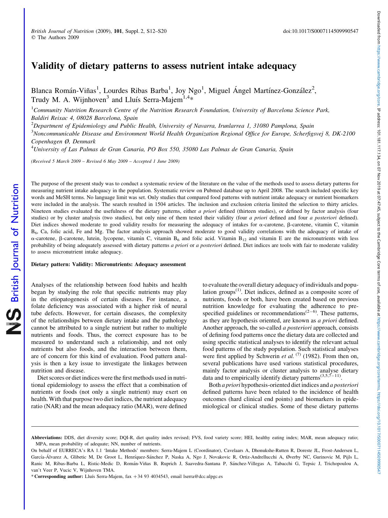 Validity of dietary patterns to assess nutrient intake adequacy by unknow