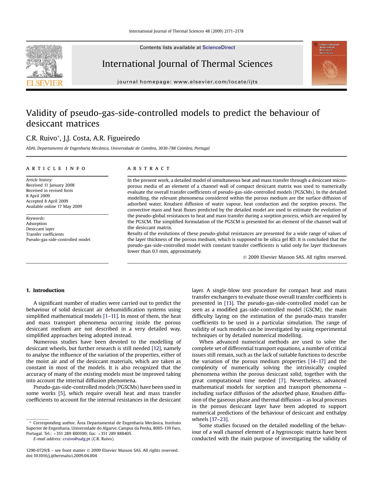 Validity of pseudo-gas-side-controlled models to predict the behaviour of desiccant matrices by C.R. Ruivo; J.J. Costa; A.R. Figueiredo