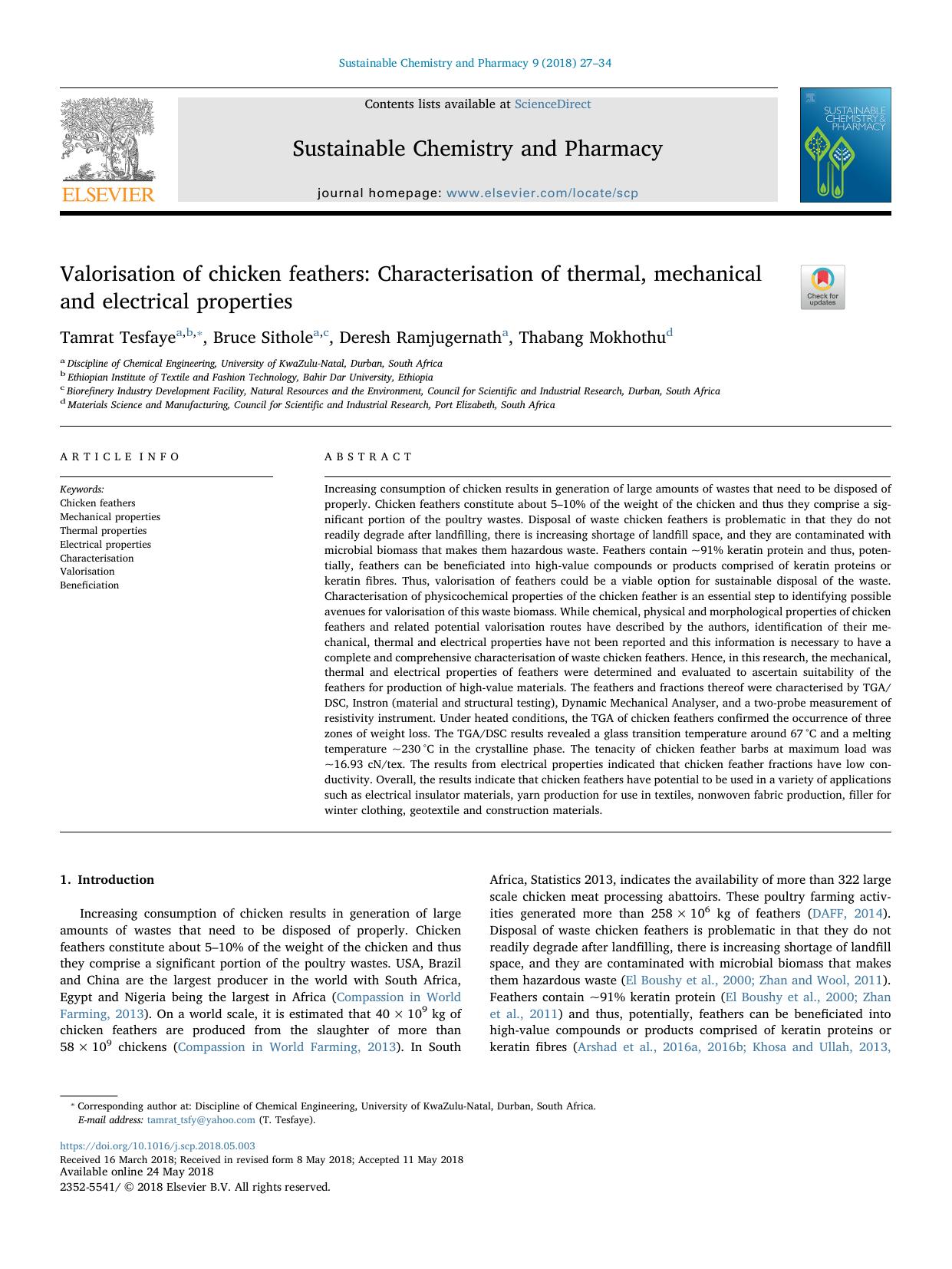 Valorisation of chicken feathers_ Characterisation of thermal, mechanical and electrical properties by Tamrat Tesfaye & Bruce Sithole & Deresh Ramjugernath & Thabang Mokhothu