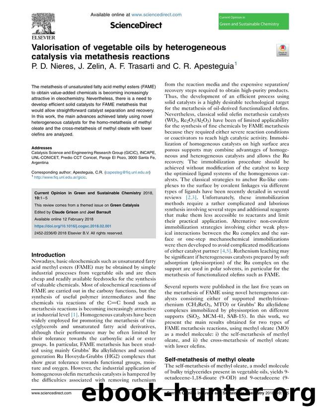 Valorisation of vegetable oils by heterogeneous catalysis via metathesis reactions by P.D. Nieres & J. Zelin & A.F. Trasarti & C.R. Apesteguia