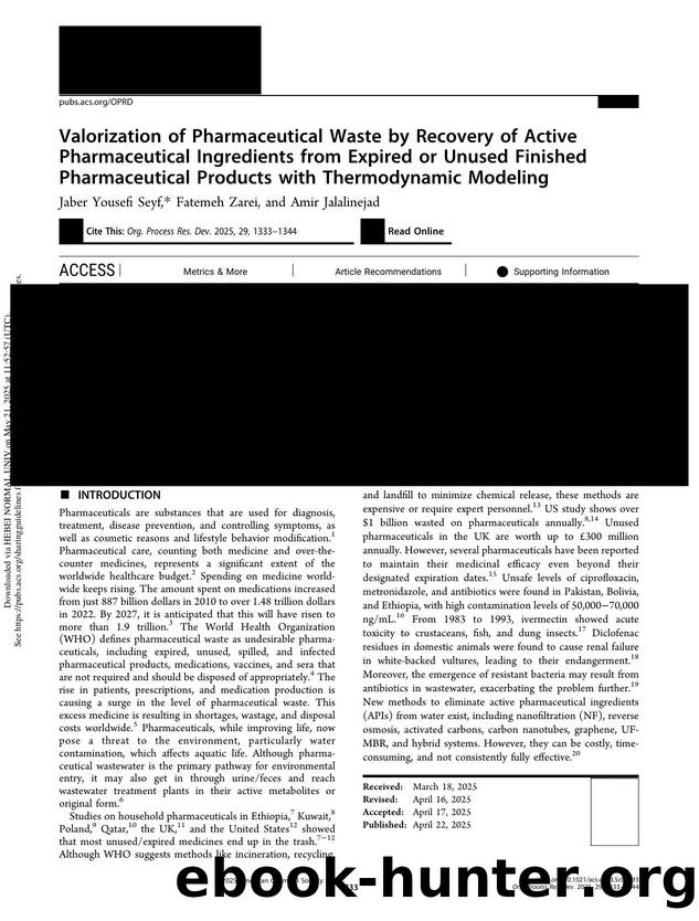 Valorization of Pharmaceutical Waste by Recovery of Active Pharmaceutical Ingredients from Expired or Unused Finished Pharmaceutical Products with Thermodynamic Modeling by Jaber Yousefi Seyf Fatemeh Zarei & Amir Jalalinejad