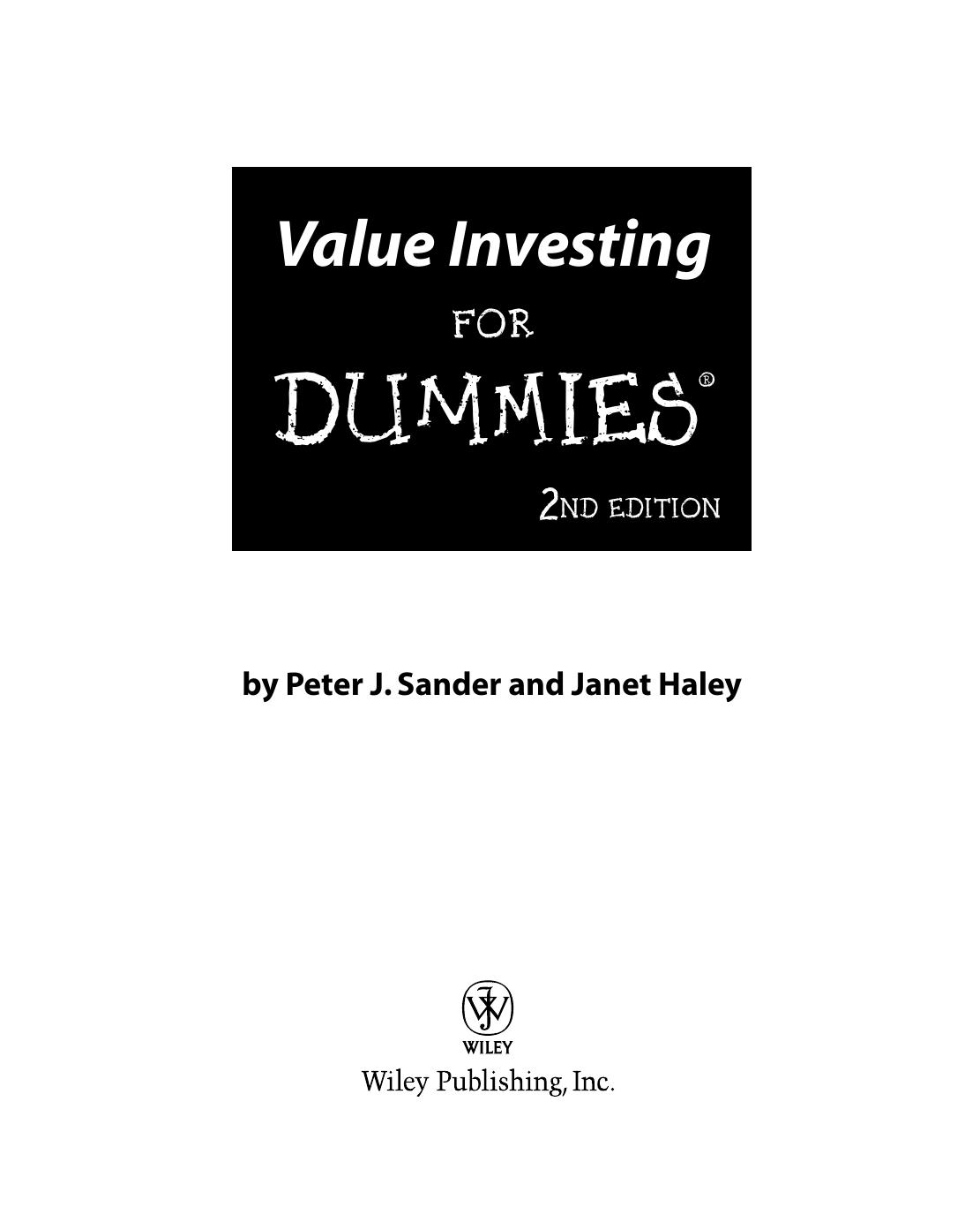 Value Investing For Dummies by Peter J. Sander Janet Haley