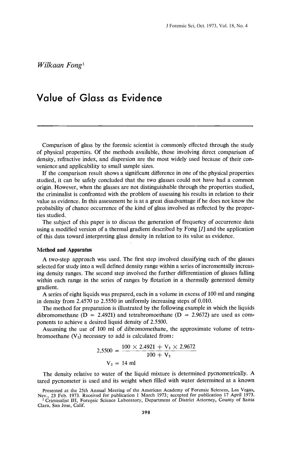 Value of Glass as Evidence by Fong W