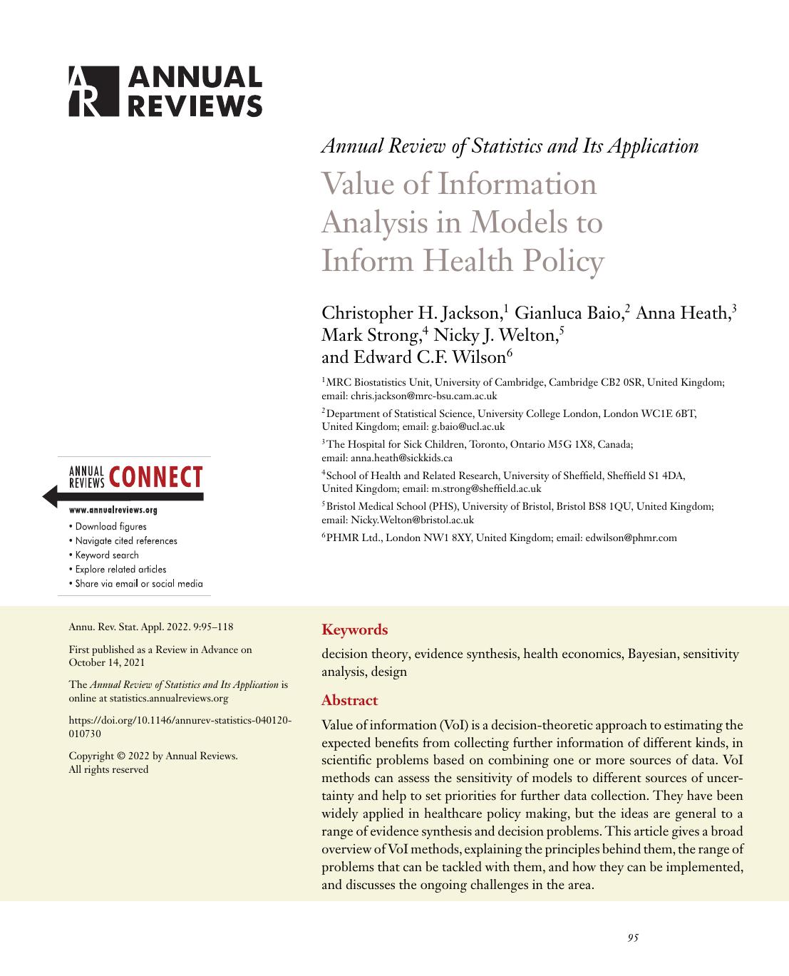 Value of Information Analysis in Models to Inform Health Policy by Christopher H. Jackson Gianluca Baio Anna Heath Mark Strong Nicky J. Welton Edward C.F. Wilson