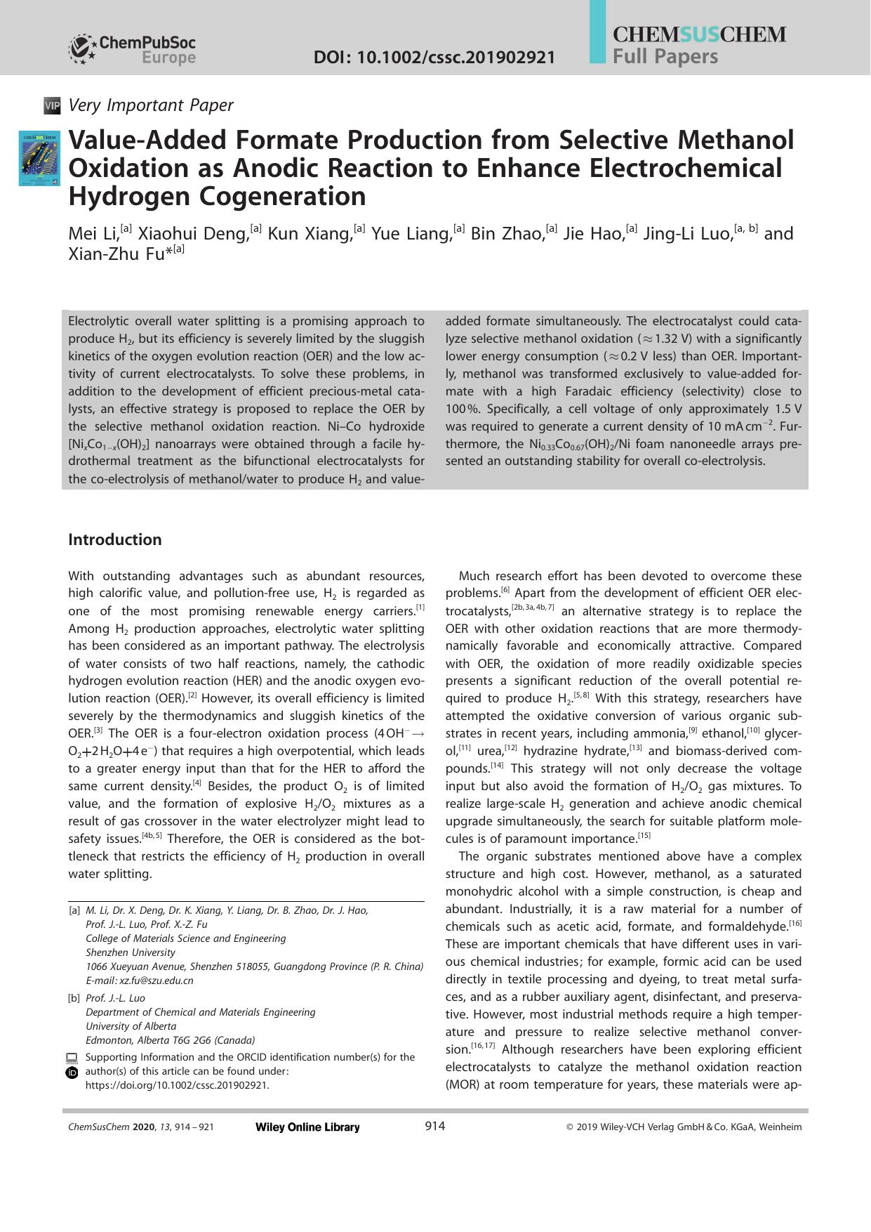 ValueâAdded Formate Production from Selective Methanol Oxidation as Anodic Reaction to Enhance Electrochemical Hydrogen Cogeneration by Unknown