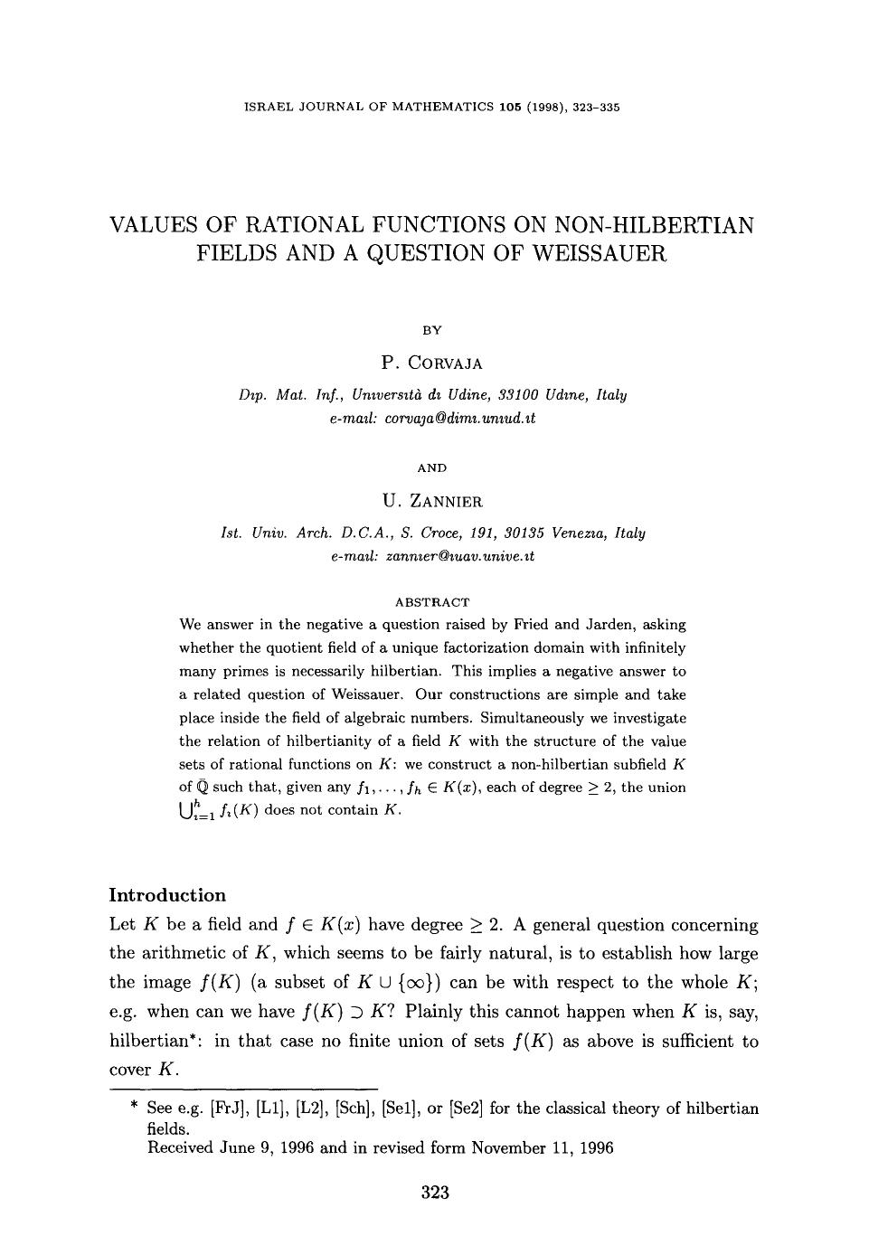 Values of rational functions on non-hilbertian fields and a question of Weissauer by Unknown