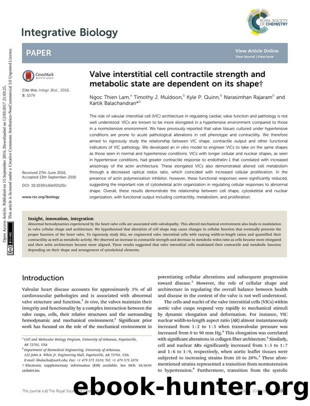 Valve interstitial cell contractile strength and metabolic state are dependent on its shape by Ngoc Thien Lam & Timothy J. Muldoon & Kyle P. Quinn & Narasimhan Rajaram & Kartik Balachandran