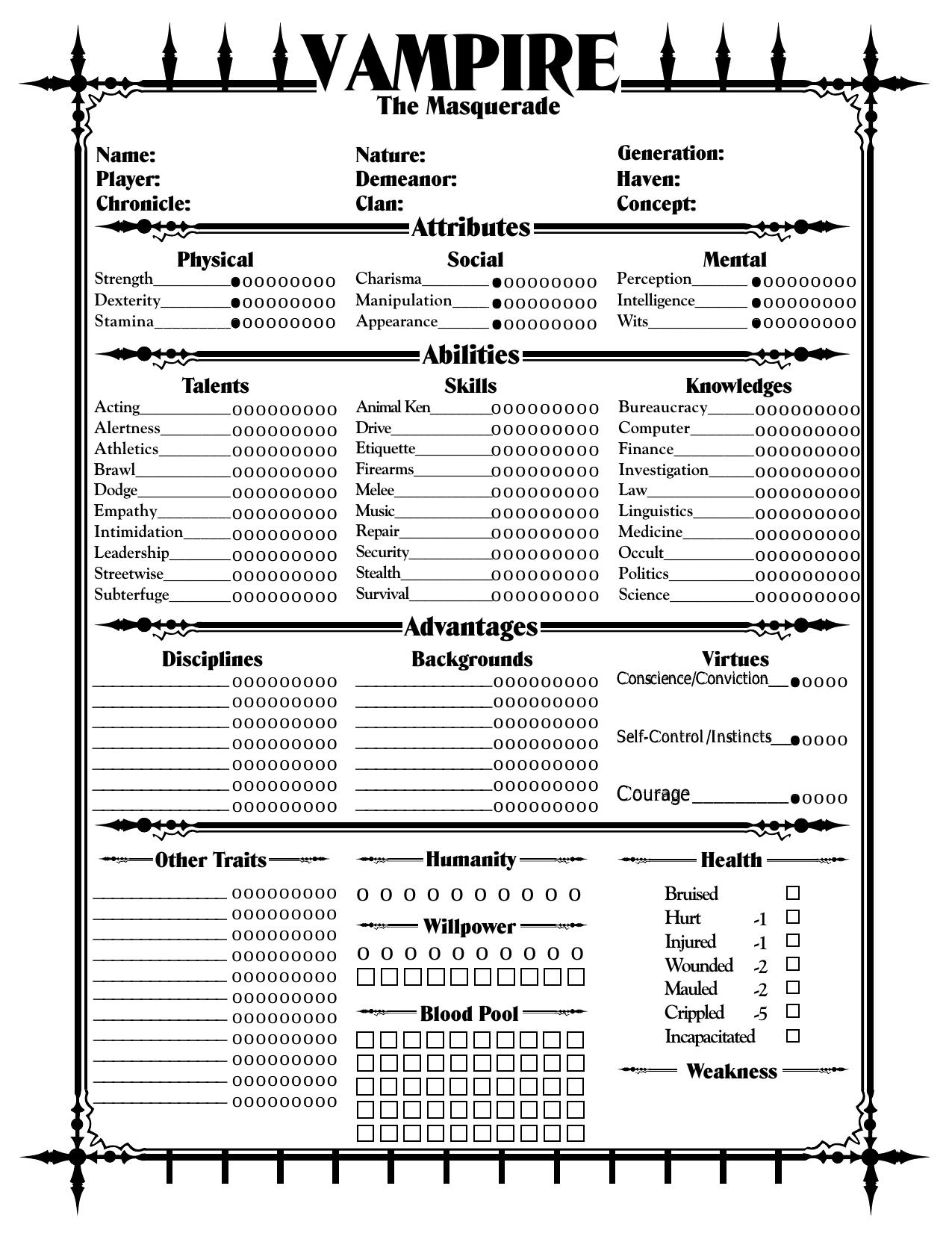 Vampire 2nd Ed Character Sheet by MrGone