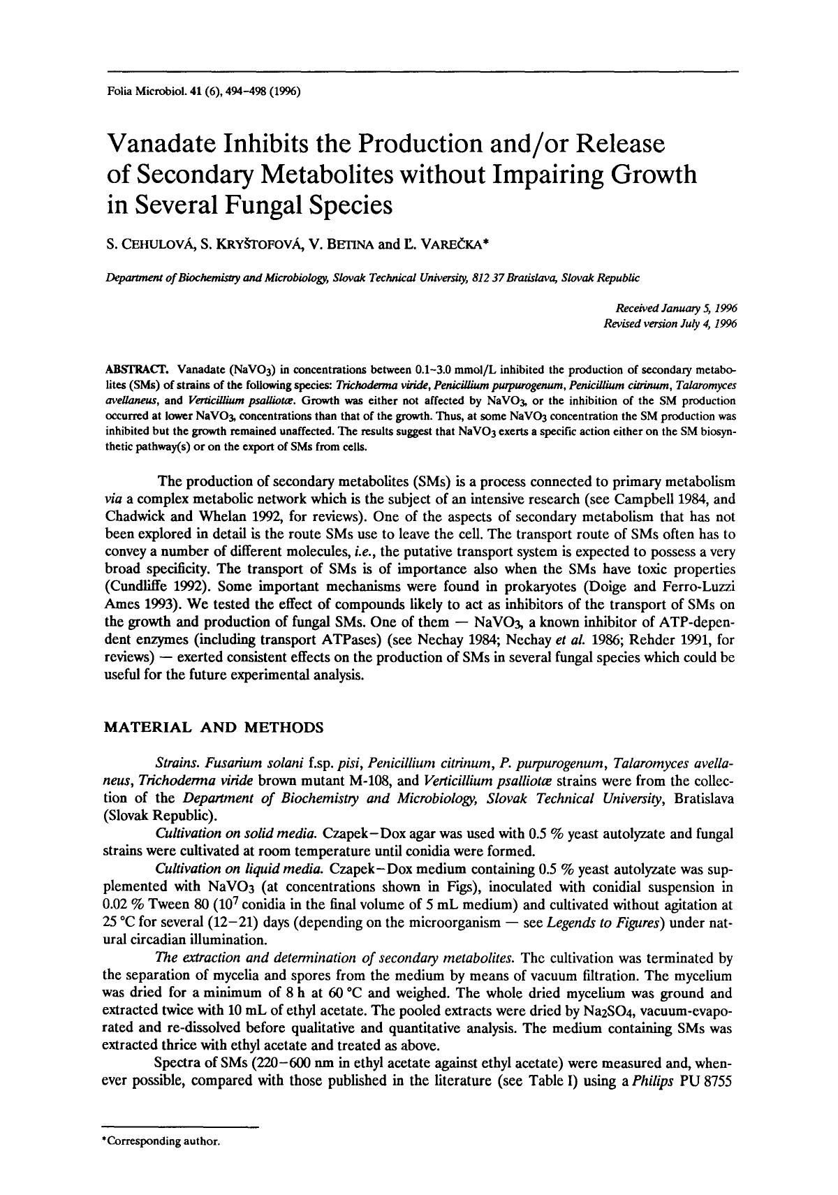 Vanadate inhibits the production andor release of secondary metabolites without impairing growth in several fungal species by Unknown