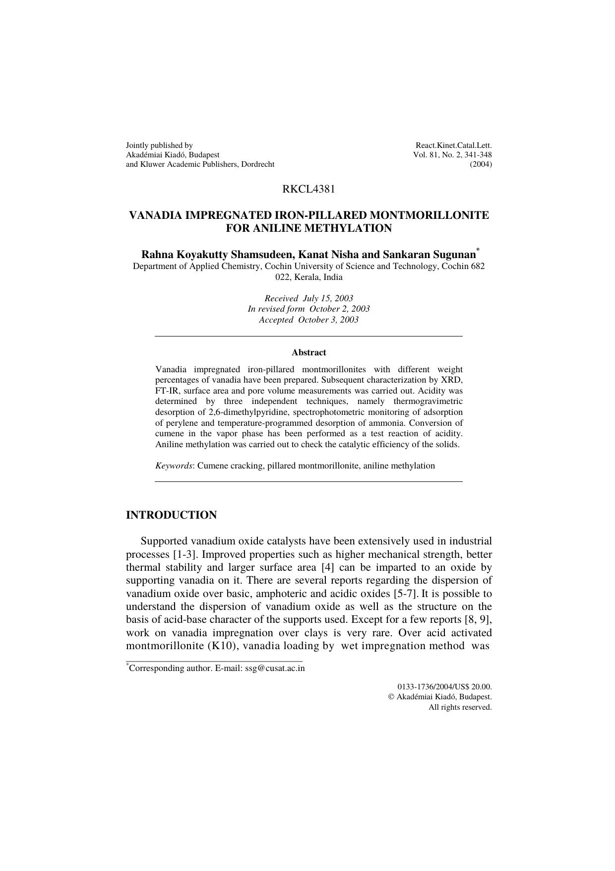 Vanadia impregnated iron-pillared montmorillonite for aniline methylation by Unknown