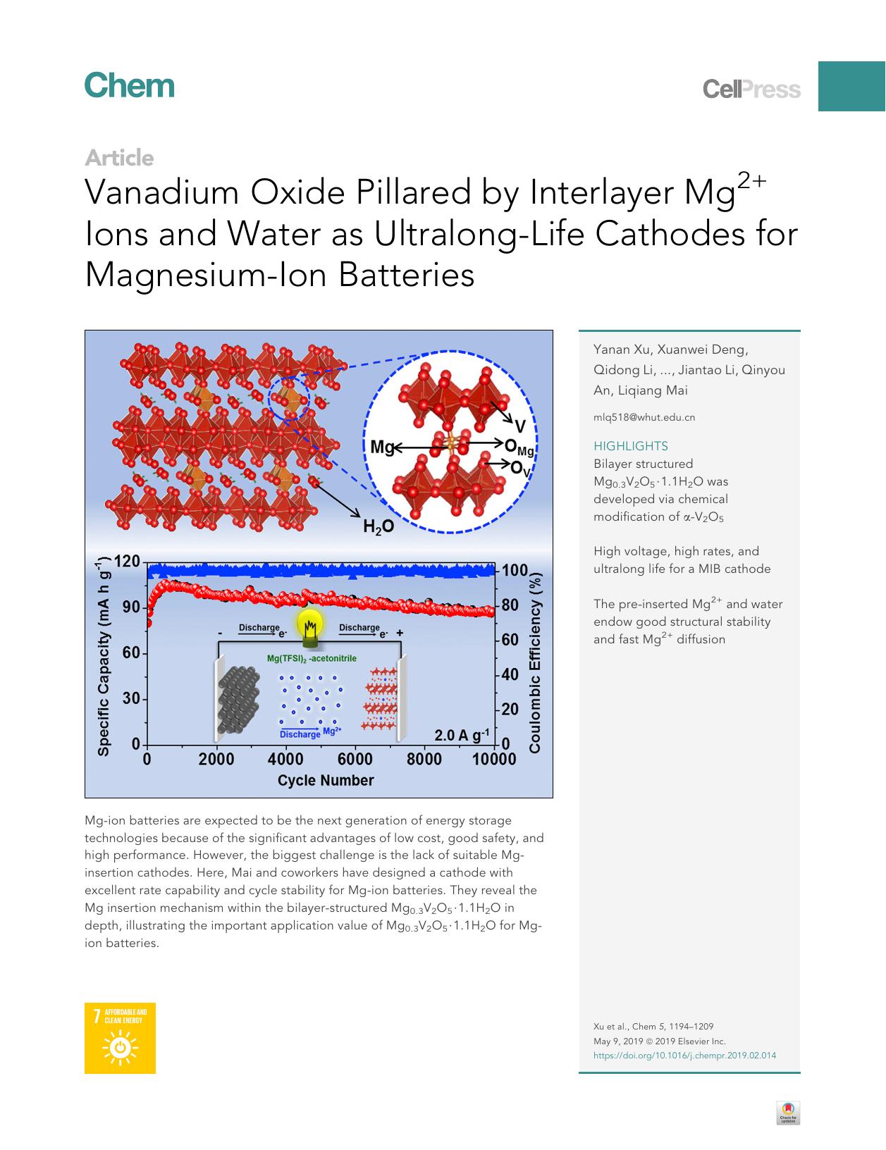 Vanadium Oxide Pillared by Interlayer Mg2+ Ions and Water as Ultralong-Life Cathodes for Magnesium-Ion Batteries by Yanan Xu