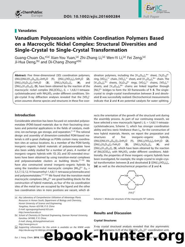 Vanadium Polyoxoanions within Coordination Polymers Based on a Macrocyclic Nickel Complex: Structural Diversities and Single&#x02010;Crystal to Single&#x02010;Crystal Transformation by Unknown