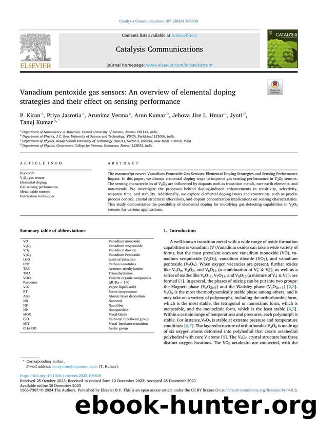 Vanadium pentoxide gas sensors: An overview of elemental doping strategies and their effect on sensing performance by P. Kiran & Priya Jasrotia & Arunima Verma & Arun Kumar & Jehova Jire L. Hmar & Jyoti & Tanuj Kumar
