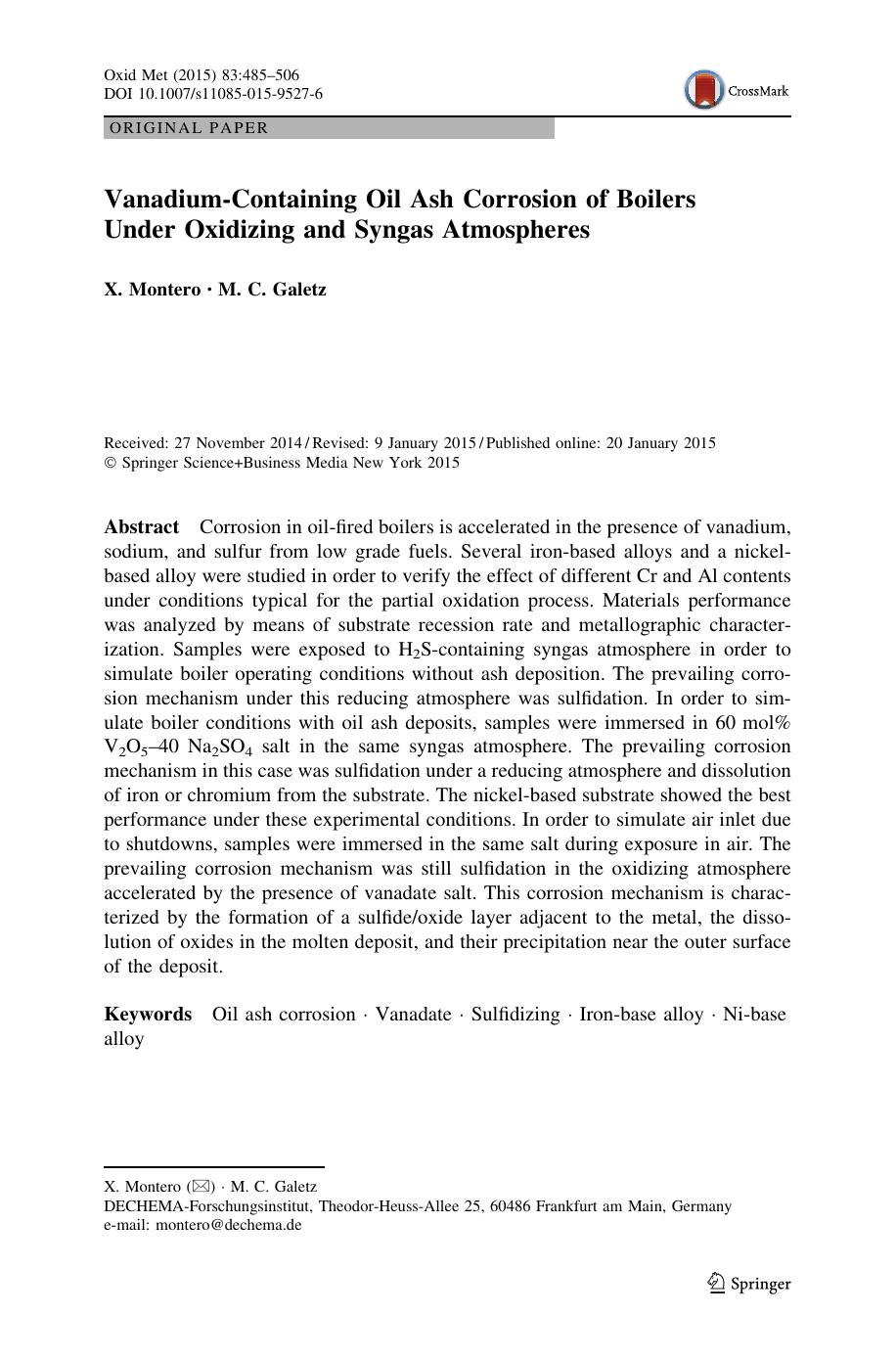 Vanadium-Containing Oil Ash Corrosion of Boilers Under Oxidizing and Syngas Atmospheres by X. Montero & M. C. Galetz