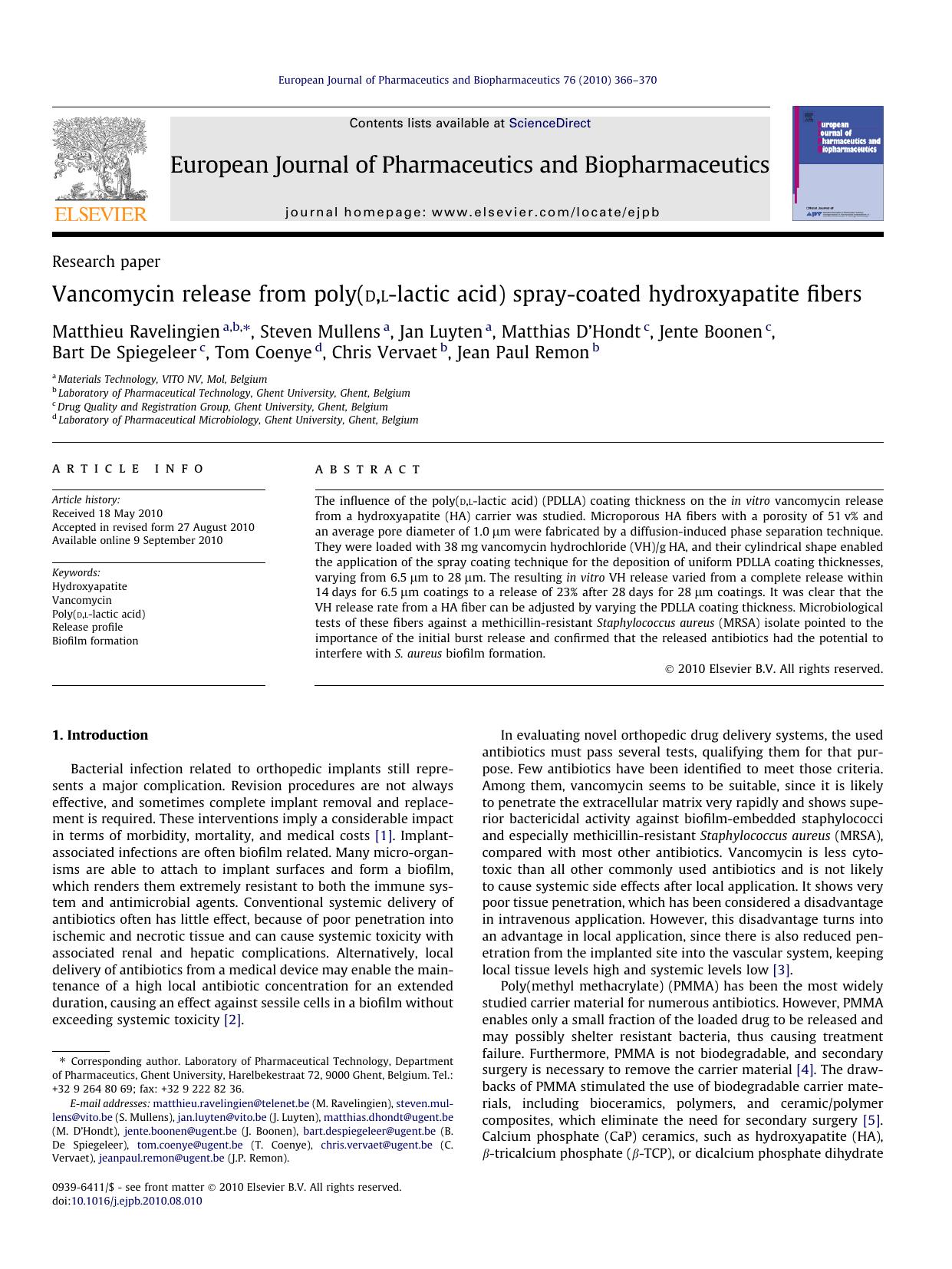 Vancomycin release from poly(d,l-lactic acid) spray-coated hydroxyapatite fibers by unknow