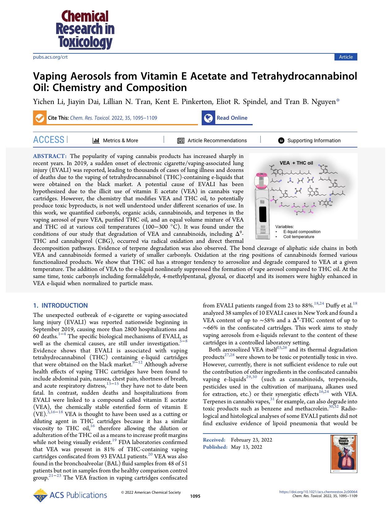 Vaping Aerosols from Vitamin E Acetate and Tetrahydrocannabinol Oil: Chemistry and Composition by Yichen Li Jiayin Dai Lillian N. Tran Kent E. Pinkerton Eliot R. Spindel and Tran B. Nguyen