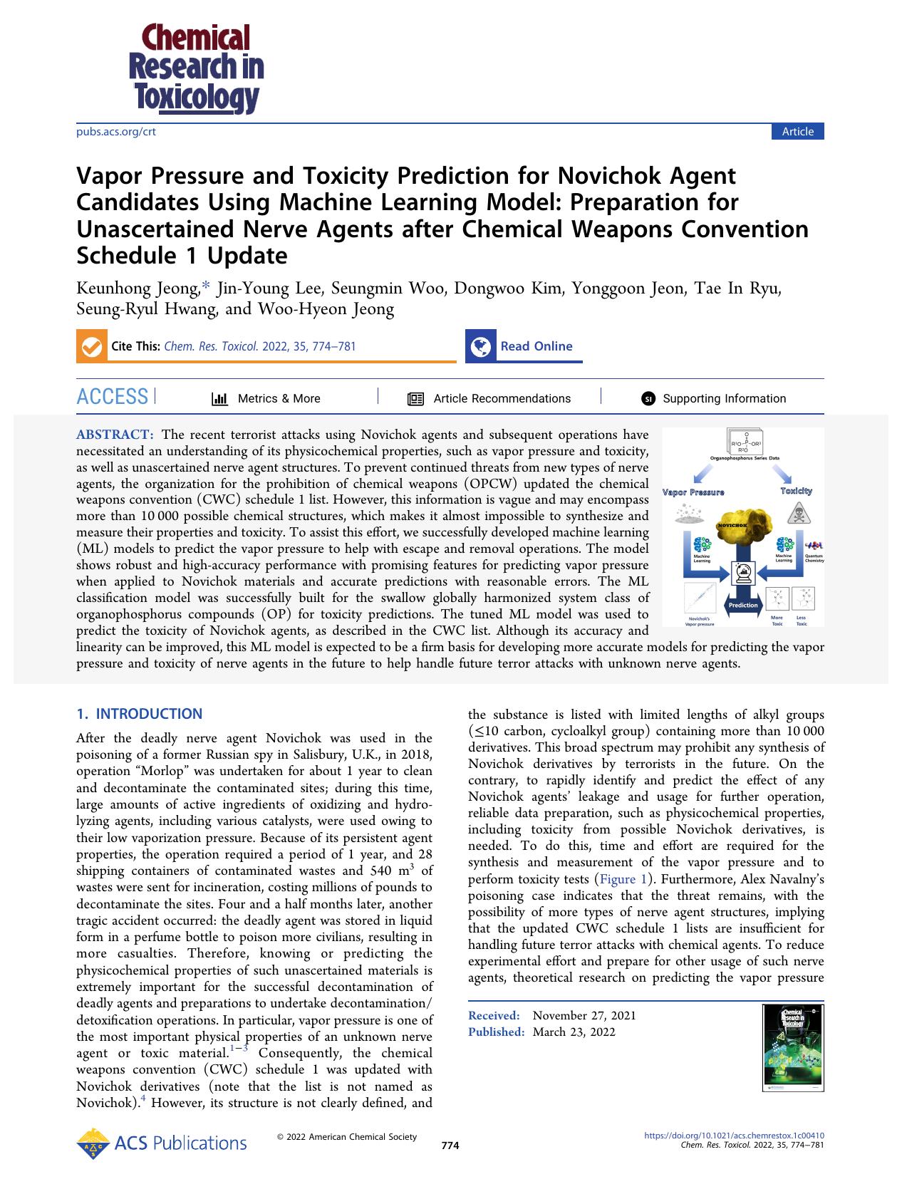 Vapor Pressure and Toxicity Prediction for Novichok Agent Candidates Using Machine Learning Model: Preparation for Unascertained Nerve Agents after Chemical Weapons Convention Schedule 1 Update by unknow