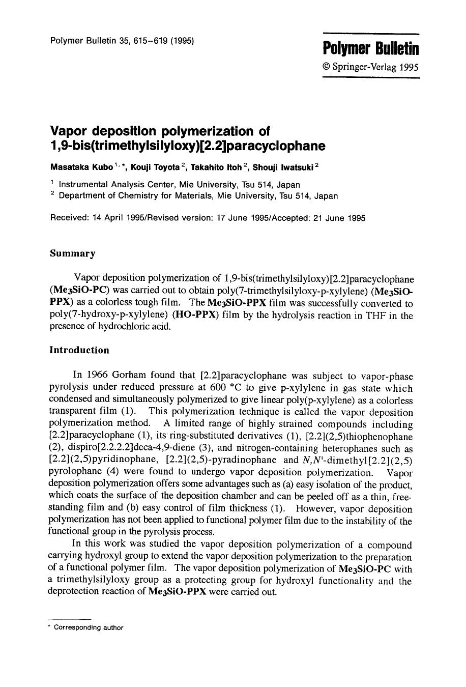 Vapor deposition polymerization of 1,9-bis(trimethylsilyloxy)[2.2]paracyclophane by Unknown