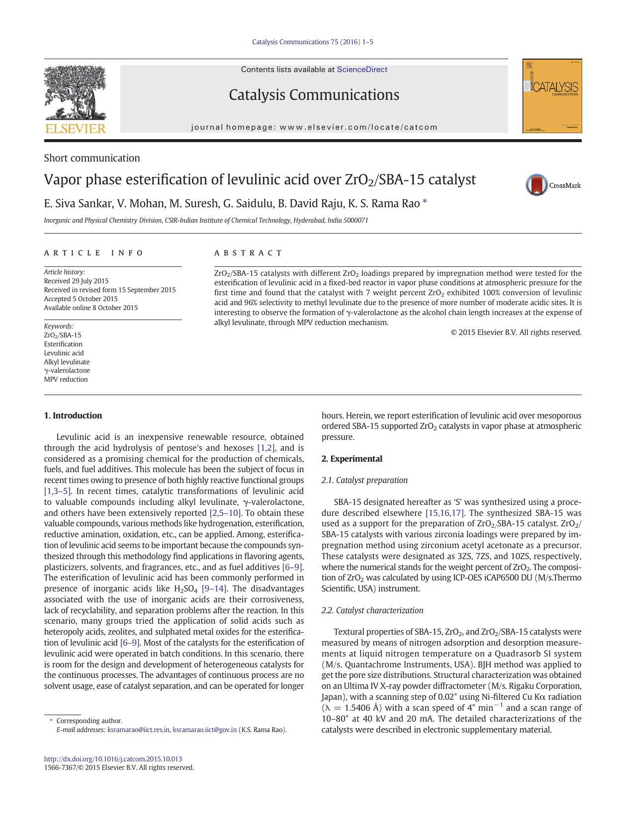 Vapor phase esterification of levulinic acid over ZrO2SBA-15 catalyst by E. Siva Sankar & V. Mohan & M. Suresh & G. Saidulu & B. David Raju & K.S. Rama Rao