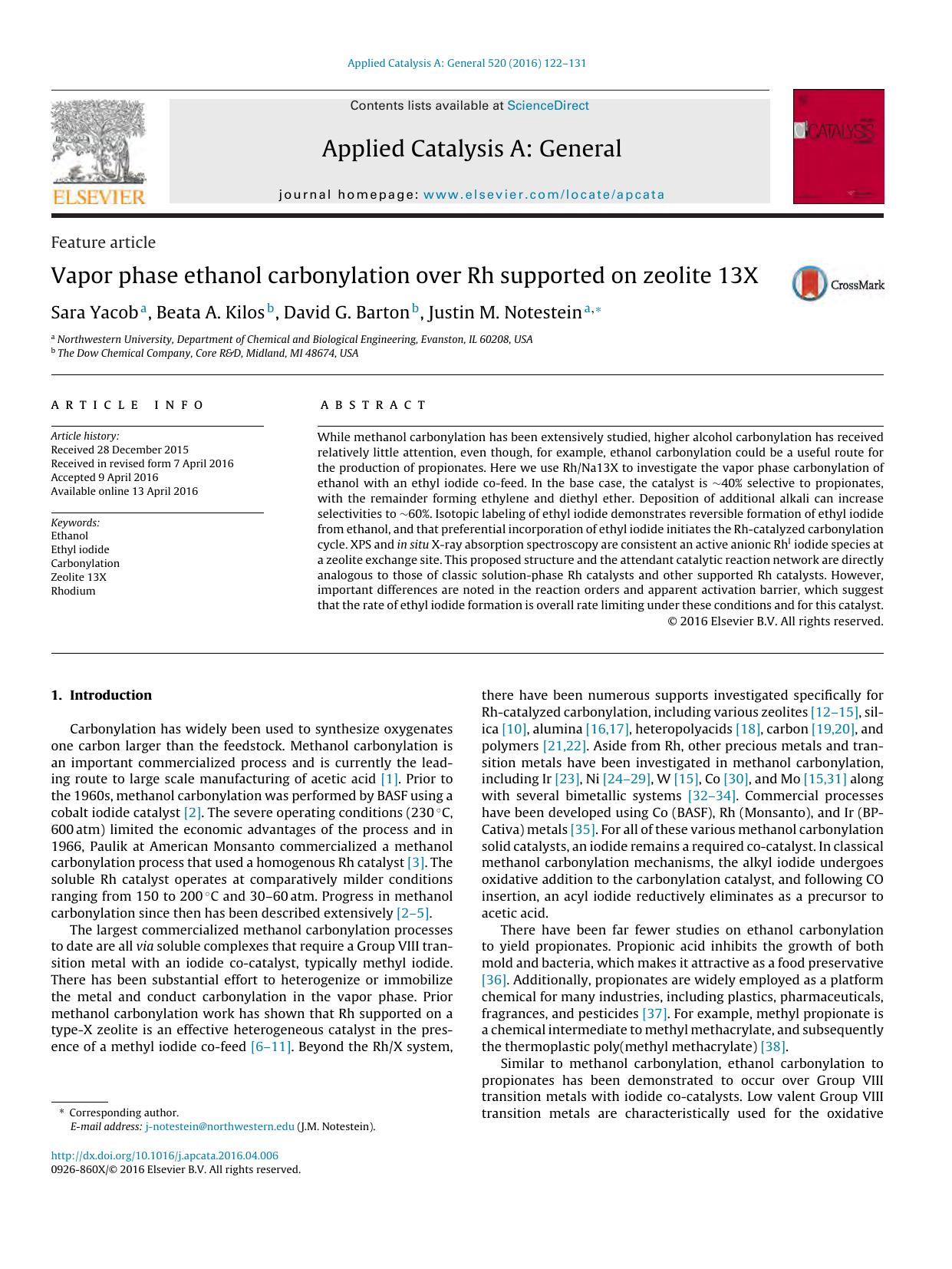 Vapor phase ethanol carbonylation over Rh supported on zeolite 13X by Sara Yacob & Beata A. Kilos & David G. Barton & Justin M. Notestein
